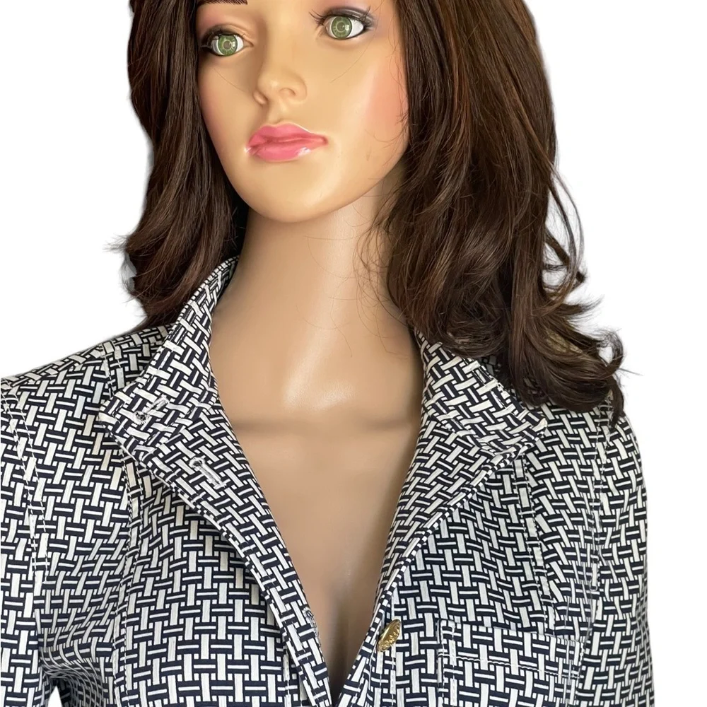 Tory Burch Cameron Crosshatch-print Jacket IvoryNavy with a Mandarin Collar SZ 2